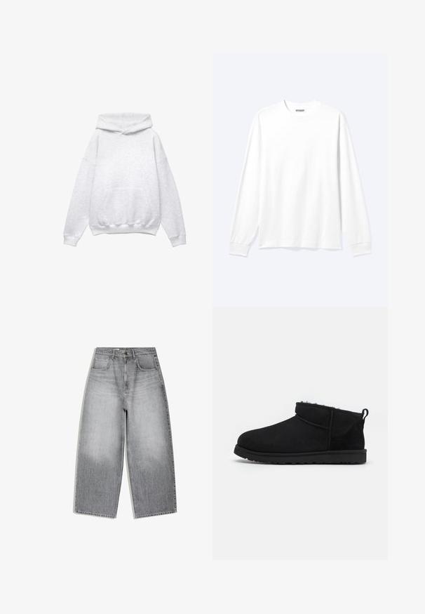 Sweatshirt à capuche gris, fabriqué en mélange de coton doux. Comprend une poche devant, des poignets et un ourlet côtelés. Coupe décontractée, sans motifs ni accents.; Chemise blanche unie à manches longues avec col rond et poignets côtelés, présentée sur un fond clair neutre.; Jean en denim gris taille haute avec une coupe large aux jambes, poches avant et fermeture à boutons, présenté à plat sur fond blanc.; Bottines noires en daim avec une doublure douce et texturée, une semelle en caoutchouc basse et une languette à l'arrière pour un enfilage facile.