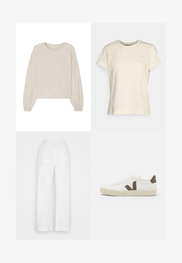 Lys beige cropped sweater lavet af blødt stof, med rund halsudskæring og lange pufærmer med elastiske manchetter. Ingen mønstre eller pynt.; Cremefarvet bomulds t-shirt med rund halsudskæring, korte ærmer og et præget logo på venstre bryst. Glat tekstur, klassisk pasform.; Hvite, vide bukser lavet af letvægts, tekstureret stof med elastisk talje. Designet med en løs pasform og lige ben uden lommer.; Hvide lædersneakers med en tekstureret beige gummisål, der har et iøjnefaldende brunt "V" logo på siden og matchende søde detaljer.
