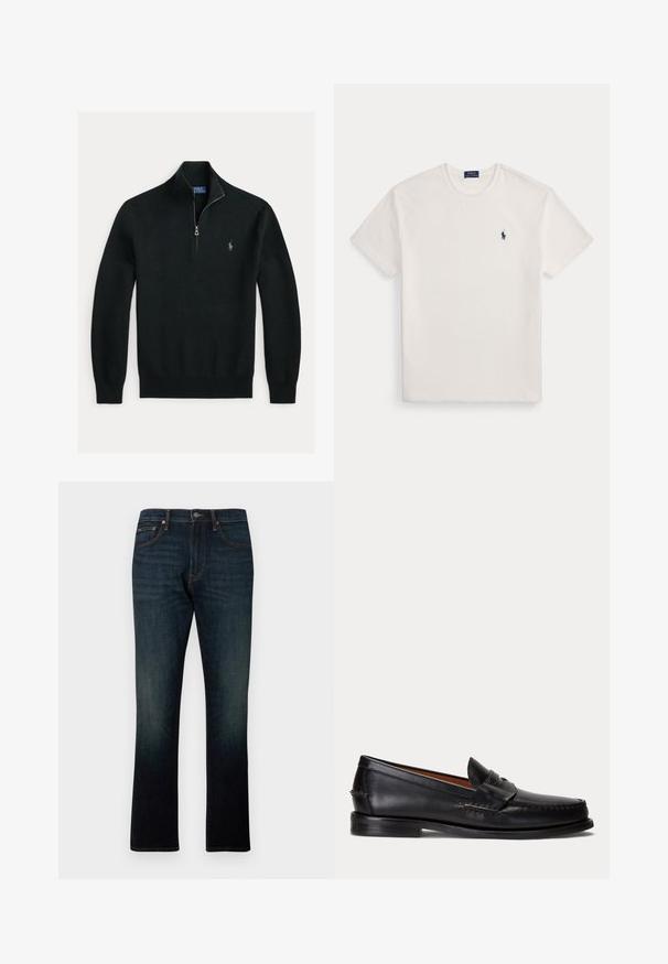 Pull en maille noir à manches longues avec une fermeture éclair quart de zip et un petit logo cheval brodé sur la poitrine gauche.; T-shirt blanc à manches courtes avec col rond et petit logo joueur de polo bleu marine sur la poitrine gauche.; Jean denim bleu foncé à jambe droite avec cinq poches et coutures orange, présenté à plat sur fond blanc.; Mocassin en cuir noir avec un petit talon et une bride penny, vu de côté sur un fond gris clair.