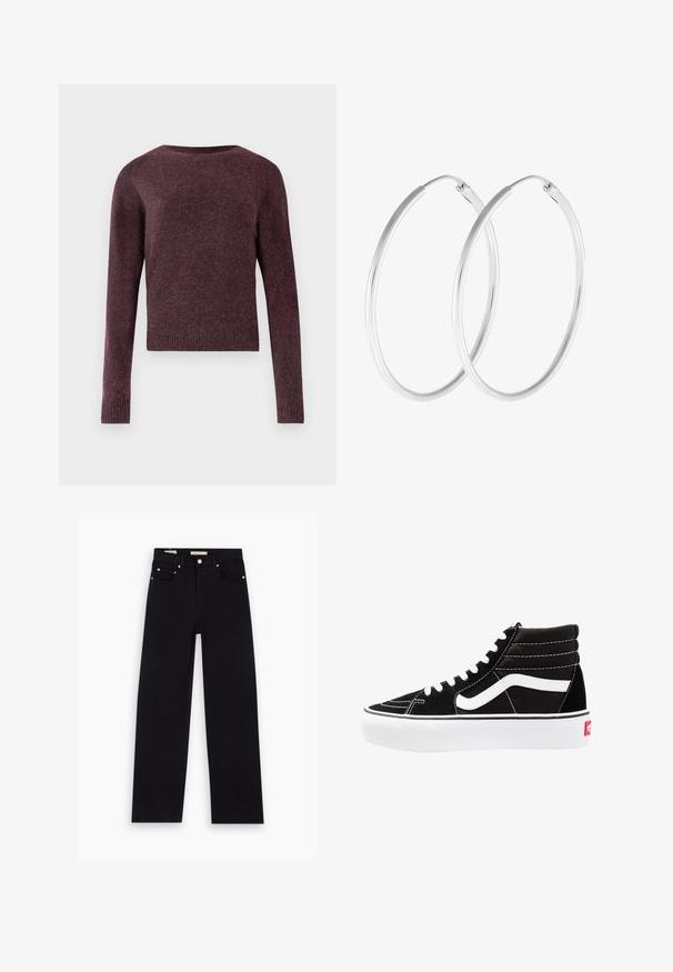 Bordeaux strikket sweater med lange ærmer, rund halsudskæring, ribbede manchetter og kant, fremstillet i et blødt, struktureret stof i en let boxy form.; Sorte denim jeans med lige pasform, fem lommer, kobberdetaljer og en glat tekstur. To mærker synlige på taljebåndet.; Sorte høj-top sneakers med hvide snørebånd, et hvidt logo og kontrasterende hvid syning. Har en tyk hvid sål og struktureret ruskindsoverdel.; Sølvfarvede hoop øreringe med en glat, rund form og en poleret overflade. Begge øreringe er i samme størrelse og har en sikker lukke mekanisme.