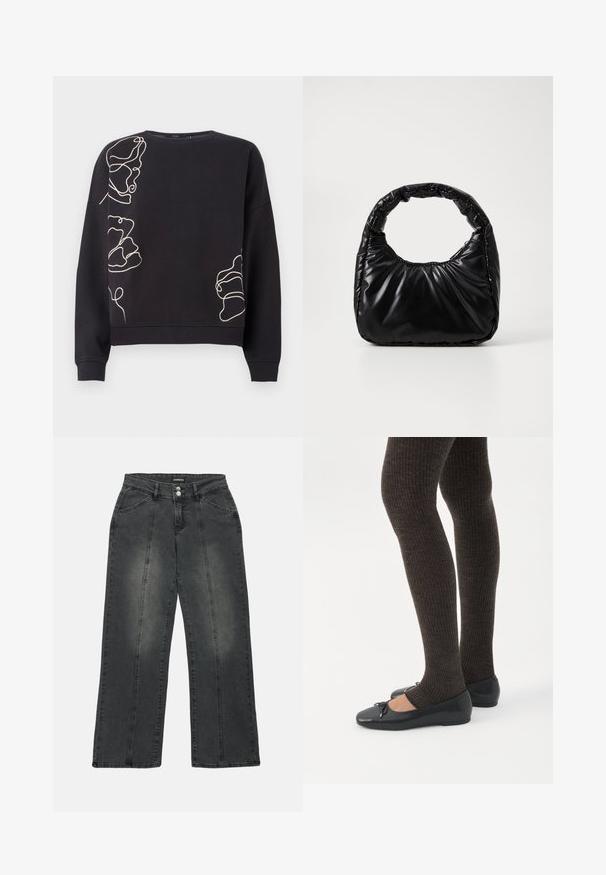 Sweatshirt noir à manches longues avec des motifs floraux abstraits en ligne continue beige sur l'épaule gauche, le bas à droite et le côté gauche.; Jeans à jambes larges en denim gris foncé. Comprend une fermeture à bouton, deux poches avant et des coutures verticales pour le détail. Zones abîmées présentes.; Jambes portant des leggings côtelés foncés associés à des ballerines noires avec de petits détails en nœud sur fond blanc.; Sac à main noir rembourré avec une poignée arrondie, présentant une surface lisse et brillante ainsi qu'une texture douce et matelassée. Pas de quincaillerie ou d'accents visibles.