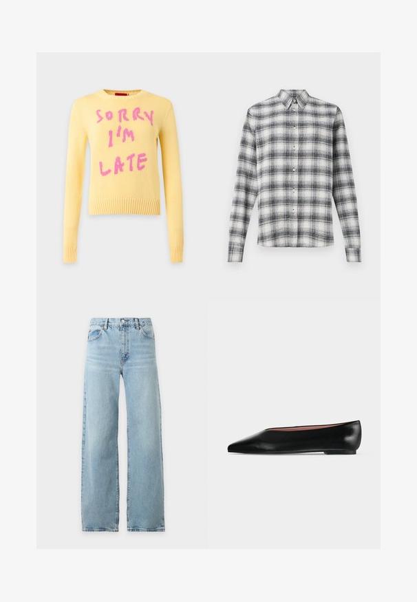 MAX&Co. Pullover - giallo/rosa; Chemise à boutons à motif écossais noir et blanc, fabriquée en tissu doux, avec un col et des manches longues à fermeture à boutons.; Jean bleu clair taille haute, coupe droite, avec poches avant, passants pour ceinture, et fermeture par bouton et zip sur fond blanc.; Chaussure plate en cuir noir pour femme, avec bout pointu et petit talon, vue de côté sur un fond gris clair uni.