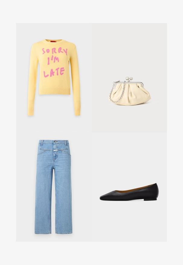 MAX&Co. Pullover - giallo/rosa; CLOSED STOVER - Jean boyfriend - light blue; Chaussure plate en cuir noir à bout pointu avec talon bas et finition lisse, vue de côté sur un fond gris clair.; Pochette en cuir beige plissé avec un cadre en métal argenté, dotée de deux fermoirs ronds décoratifs et d'une chaîne en argent.