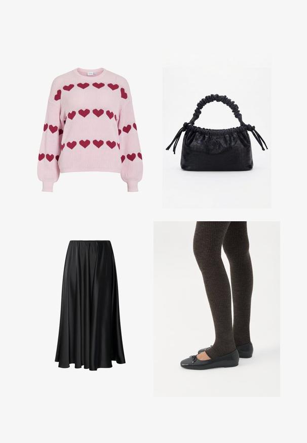 Pull en maille rose avec manches ballon, présentant des rangées de motifs en forme de cœur rouge foncé sur la poitrine et les manches.; Jupe maxi noire en tissu lisse, dotée d'une taille élastique, d'une silhouette ample et d'un ourlet fluide sans motifs ni détails visibles.; Jambes portant des leggings côtelés foncés associés à des ballerines noires avec de petits détails en nœud sur fond blanc.; Sac à main noir avec texture crocodile, bord supérieur froncé, poignée plissée et pompons à cordon de chaque côté sur fond blanc.
