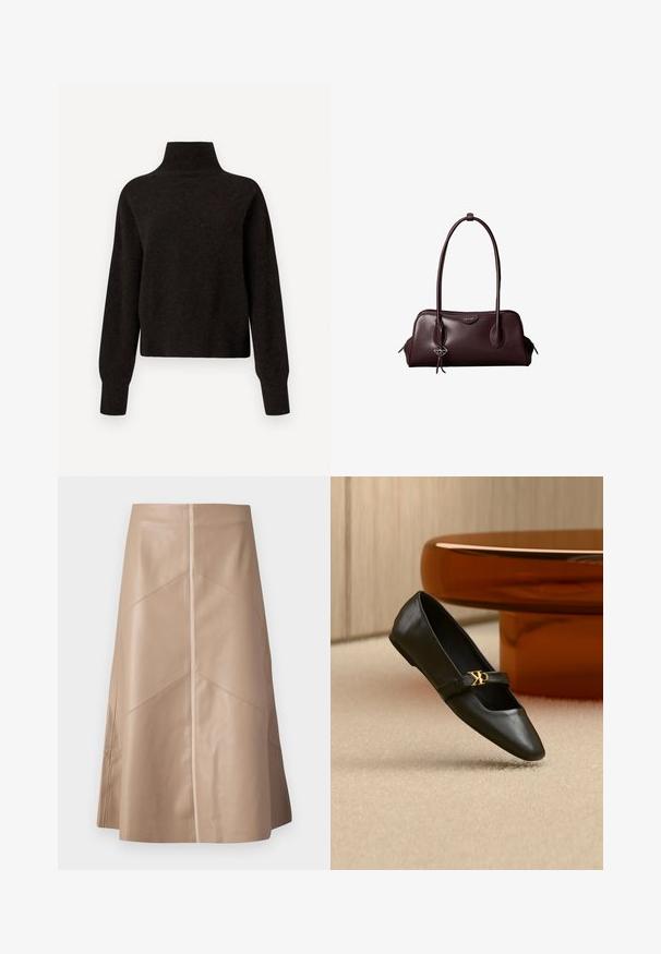 Sort højhalset sweater med lange ærmer og ribbede manchetter og kant, præsenteret på en hvid baggrund.; Beige faux læder A-line nederdel med diskrete paneldetaljer og en glat mat overflade, knælang og højliv.; Sort læder flad sko med spids tå og gyldent CK-logo på rem, placeret på beige tæppe nær et rundt ravbrunt bord.; Mørkebrun lædertaske fra Calvin Klein med lange dobbelte håndtag og en lille logohængende ved det ene håndtag.