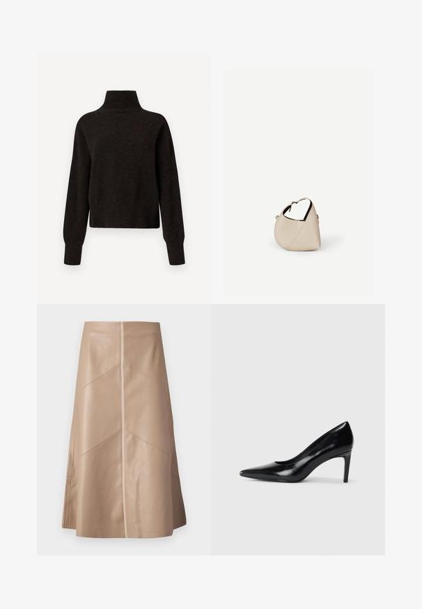 Sort højhalset sweater med lange ærmer og ribbede manchetter og kant, præsenteret på en hvid baggrund.; Beige faux læder A-line nederdel med diskrete paneldetaljer og en glat mat overflade, knælang og højliv.; Sort læder højhælede sko med spids tå, glat tekstur og en taperet hæl. Minimalistisk design uden yderligere udsmykninger.; Beige læder håndtaske i halvmåneform med en enkelt skulderrem og minimal syning, sat mod en ensartet hvid baggrund.