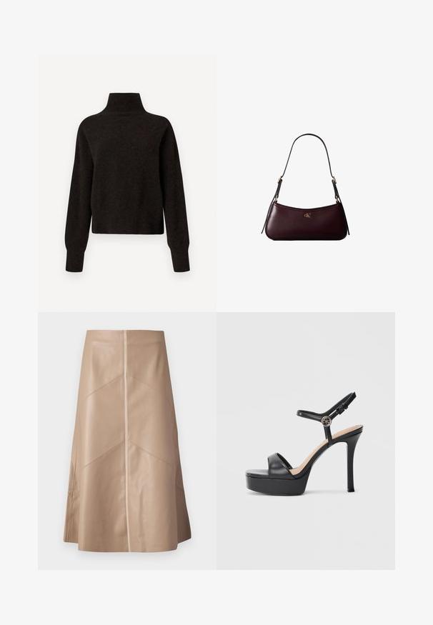 Sort højhalset sweater med lange ærmer og ribbede manchetter og kant, præsenteret på en hvid baggrund.; Beige faux læder A-line nederdel med diskrete paneldetaljer og en glat mat overflade, knælang og højliv.; Sorte platformsandaler med høj stiletthæl, der har en glat læderoverdel, peep toe-design og en justerbar ankelrem med metalbeslag.; Mørk bordeaux læderhåndtaske med en tynd sort skulderrem og lille gyldent "cK" logo foran i midten.