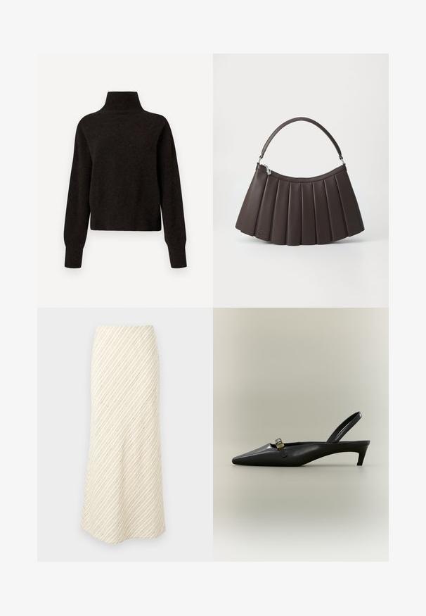 Pull noir à col montant et manches longues avec des poignets et un ourlet côtelés, présenté sur un fond blanc.; Jupe midi couleur crème avec un motif à rayures diagonales marron. Dispose d'une taille ajustée et d'un tissu doux avec une texture lisse.; Escarpin slingback en cuir noir avec talon kitten, bout pointu et petite boucle dorée sur un fond uni.; Sac à main marron plissé avec un sommet arrondi, une base plate et une poignée courte. Fabriqué en matière lisse avec un détail de marque subtil.