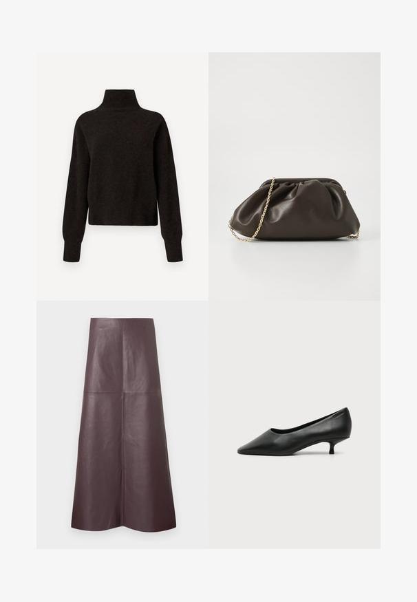 Pull noir à col montant et manches longues avec des poignets et un ourlet côtelés, présenté sur un fond blanc.; Jupe midi en cuir marron à texture lisse, forme évasée, taille haute et lignes épurées, avec un détail de couture frontale.; Escarpin femme en cuir noir à petit talon, bout pointu et petit talon kitten sur fond clair uni.; Sac à main en cuir marron avec un design froncé, une bandoulière en chaîne dorée et une finition douce et texturée. Sa forme compacte est idéale pour une utilisation en soirée.