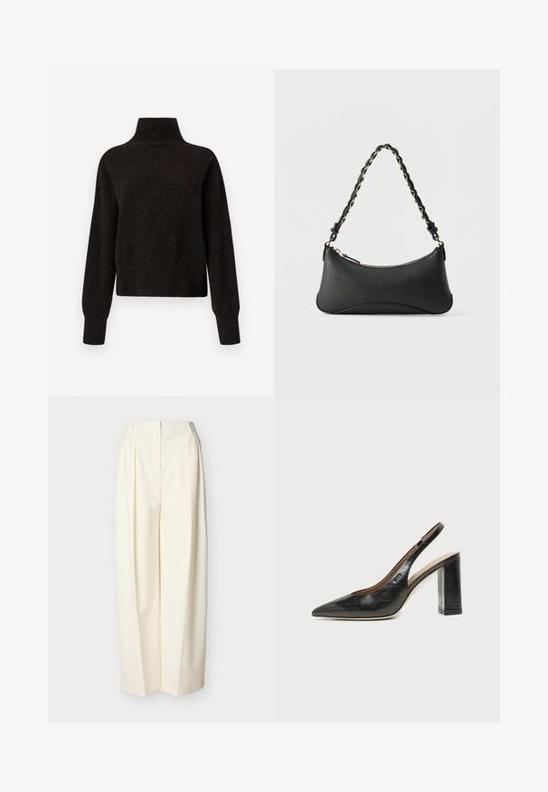 Pull noir à col montant et manches longues avec des poignets et un ourlet côtelés, présenté sur un fond blanc.; Pantalon crème à taille haute et jambes larges avec plis devant, fermeture éclair avant dissimulée et passants pour ceinture.; Chaussure slingback en cuir noir à bout pointu avec un talon bloc haut et une doublure intérieure beige sur un fond clair uni.; Sac à bandoulière en cuir noir de forme rectangulaire incurvée, avec une chaîne dorée tissée dans la bandoulière noire tressée et une fermeture éclair sur le dessus.