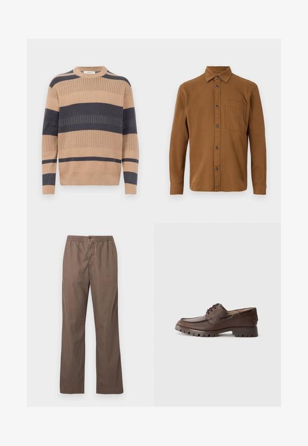 Pull à manches longues en tricot côtelé avec des rayures horizontales beige et gris foncé et un col rond.; Chemise marron à manches longues en tissu texturé, avec une fermeture à boutons, une poche poitrine unique et des boutons foncés.; Pantalon casual marron avec taille élastique, fermeture à bouton, jambes droites et poches avant, présenté sur un fond blanc uni.; Chaussure en cuir marron au design mocassin, avec un bout cousu, des œillets en métal et une semelle en caoutchouc épaisse avec un motif texturé.