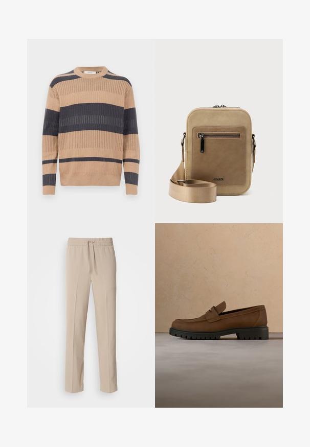 Langsleeve ribbel gebreide trui met beige en donkergrijze horizontale strepen en een ronde halslijn.; Beige, relaxte broek gemaakt van zachte stof, met een elastische tailleband met een trekkoord en rechte pijpen met minimale accenten.; Donkerbruine leren loafer met dikke zwarte rubberen zool, getoond boven een beige tapijt en bankachtergrond.; Kleine beige crossbodytas met een voorvak met ritssluiting, metalen ALDO-logo, verstelbare brede band en afgeronde rechthoekige vorm op een witte achtergrond.
