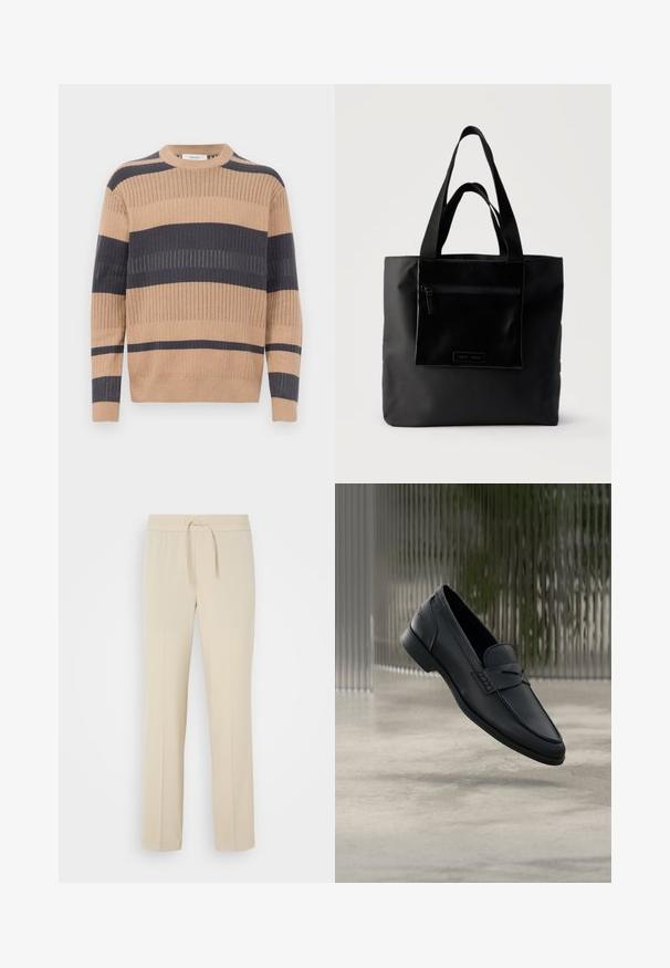 Pull à manches longues en tricot côtelé avec des rayures horizontales beige et gris foncé et un col rond.; Pantalons beiges à taille élastique avec cordon de serrage. Comprend des jambes droites et une texture lisse, adaptés pour un usage décontracté ou pour se détendre.; Mocassin en cuir noir à finition lisse, bout pointu et détails cousus sur le dessus. Talon bas et design minimaliste.; Sac cabas noir avec poche zippée à l'avant et double poignée, posé sur un fond clair uni.