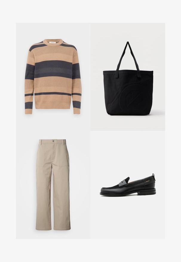 Pull à manches longues en tricot côtelé avec des rayures horizontales beige et gris foncé et un col rond.; Pantalon beige à jambes larges en coton ; doté de poches plaquées à l'avant, d'une fermeture à bouton et de coutures visibles le long des ourlets.; Mocassin en cuir noir avec détail de bride grise, talon bas et semelle texturée, marqué "HUGO" en or sur le côté.; Sac fourre-tout en toile noire avec deux bandoulières et un motif circulaire discret en relief sur le devant.