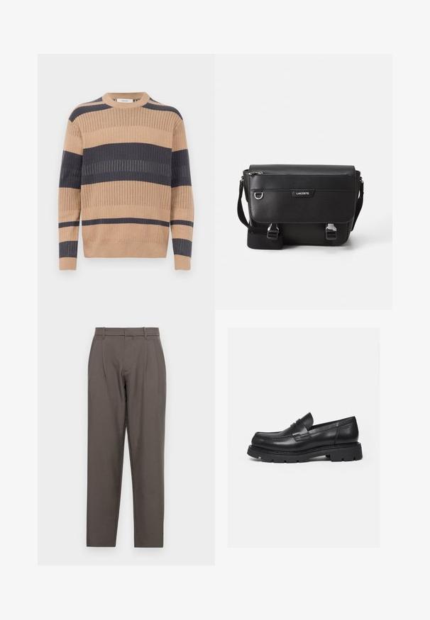 Langsleeve ribbel gebreide trui met beige en donkergrijze horizontale strepen en een ronde halslijn.; Jack & Jones Classic Wide Leg Fit - Broek - pavement; Zwarte leren loafer met dikke geribbelde zool en pennyriemdetail, getoond in rechter zijprofiel op witte achtergrond.; Zwarte textuur Lacoste schoudertas met verstelbare strap, voormep flap, ritszak en metalen gesp-sluiting.