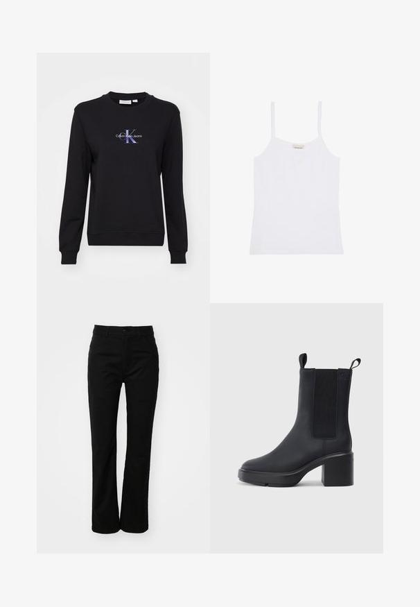 Must värvi puuvillane crewneck sviiter, mille keskel on värviline graafiline logo "Calvin Klein Jeans". Ribiga detailid varrukatel ja hemil.; Valge Calvin Klein naiste tanktop õhukeste õlapaelte ja lihtsa, kehasse istuva disainiga.; Mustadest puuvillast püksid sirge säärega, millel on esine nuppude sulgemine, vöökohad ja kaks külge taskut. Sile tekstuur.; Mustad musta värvi saabas sujuvast kummimaterjalist, elastsete külgpaneelidega, plokkninale ja tõmbetega ülaosas, et kergesti jalga panna.
