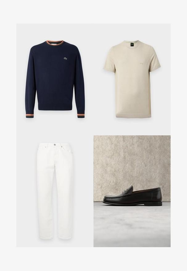 Navyblauwe trui met een ronde hals, ribgebreide manchetten met groene, oranje en witte strepen, en een klein geborduurd logo op de borst.; Beige T-shirt met korte mouwen en ronde hals, met subtiele textuur en klein opgedrukt "BOSS"-logo op de linkerborst.; Witte denim broek met een recht gesneden ontwerp. Voorzien van een traditionele vijf-pocketindeling, metalen knoopsluiting en een lichte textuur.; Zwarte leren penny loafer met lage hak, afgeronde neus en gestikte details langs de voorkant en zijkanten, afgebeeld op een neutrale achtergrond.