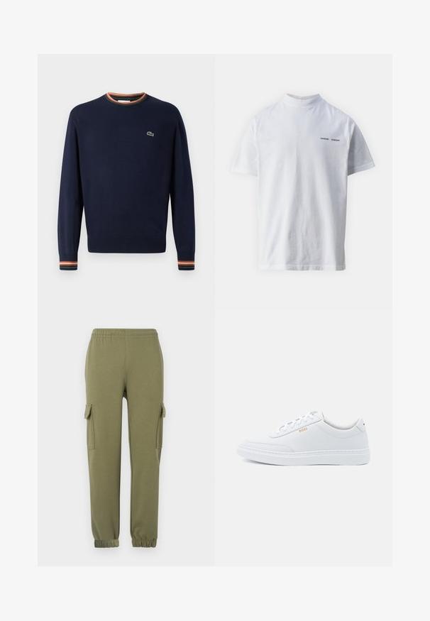 Marineblå sweater med rund hals, ribbede mansjetter med grønne, orange og hvide striber, samt et lille broderet logo på brystet.; Hvid bomulds t-shirt med høj halsudskæring og korte ærmer. Har "SAMSØE SAMSØE" logo i sort på forsiden. Glat tekstur.; Cargo bukser i olivengrønt letvægtsstof, med sidelommer, elastisk talje og taperede manchetter for en tætsiddende pasform.; Hvide lædersneakers med glat tekstur, rund tå og ton-i-ton syning. Har blå snørebånd og et gult logo på siden.
