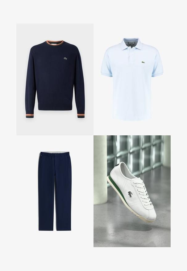 Navyblauwe trui met een ronde hals, ribgebreide manchetten met groene, oranje en witte strepen, en een klein geborduurd logo op de borst.; Lichtblauwe polo gemaakt van gestructureerde stof, met een klassieke kraag, drie knopen, en een klein groen krokodillenlogo op de borst.; Donkerblauwe broek met rechte pijpen, elastische tailleband, knoopsluiting, riemlussen en zijzakken, plat gelegd op een witte achtergrond.; Witte leren sneaker met groene streep op de zool, veters vastgeknoopt, zwevend boven een gepolijste betonnen vloer bij glasblokken.