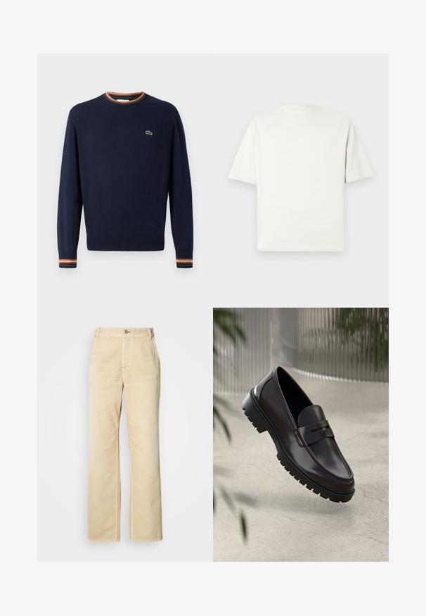 Sinih t-särk ümmarguse kaelusega, ribakäistega, millel on rohelised, oranžid ja valged triibud, ning väikese tikandiga logo rinnal.; Lyhythihainen, valkoinen, rento crewneck T-paita, esitelty vaaleanharmaata taustaa vasten.; Hiekansävyiset leveälahkeiset housut pehmeästä puuvillasta, joissa yksittäinen napillinen kiinnitys, etutaskut ja näkyvät saumat.; Ruske nahkasaappaat, joissa on tekstuuripintainen, uritettu kumipohja. Ominaisuuksiin kuuluu tyylikäs muotoilu ja koristeellinen hihna jalkapöydän yli.