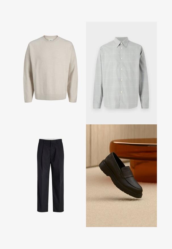 Jersey beige de manga larga con cuello redondo, cuello, puños y dobladillo acanalados, mostrado sobre un fondo blanco liso.; Camisa de manga larga gris con un ligero patrón de cuadros, diseño con botones en la parte delantera, cuello de punta y textura de tela suave.; Pantalones negros de tiro recto con cinturilla, trabillas, cremallera frontal y bolsillos laterales mostrados sobre un fondo blanco.; Mocasín de cuero negro con suela gruesa colocado sobre una alfombra clara frente a una mesa de vidrio marrón curvada y revestimiento de pared de madera.