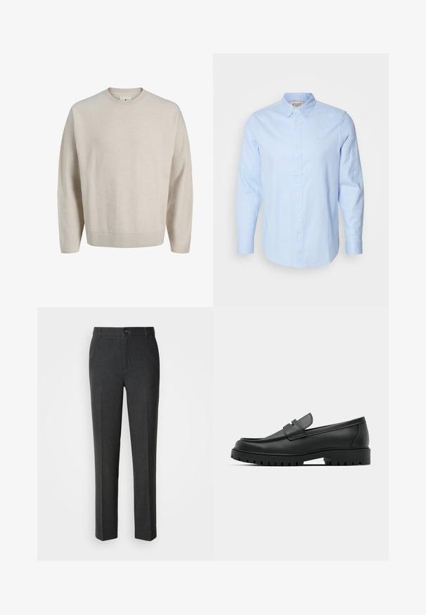 Beiger Langarm-Pullover mit Rundhalsausschnitt, geripptem Kragen, Bündchen und Saum, auf weißem Hintergrund dargestellt.; Himmelblaues Langarm-Hemd mit Knopfleiste, Button-Down-Kragen, weißen Knöpfen und subtil gesticktem Logo auf der linken Brust.; Maßgeschneiderte dunkelgraue Hosen aus glattem Stoff, mit Knopfverschluss, zwei vorderen Taschen und geradem Bein.; Schwarze Lederloafer mit runder Zehenform, ausgestattet mit einem gesteppten Design, niedrigem Plattformsohle und einer strukturierten, genoppten Gummisohle.