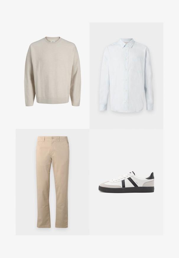 Beiger Langarm-Pullover mit Rundhalsausschnitt, geripptem Kragen, Bündchen und Saum, auf weißem Hintergrund dargestellt.; Himmelblaues Langarm-Hemd mit Knopfleiste, Spitzkragen und Brusttasche, flach auf einem weißen Hintergrund präsentiert.; Beige Chinos aus Baumwolle, mit geradem Bein, traditionellem Knopfverschluss und seitlichen Taschen mit sauberer Naht.; Weiße Sneaker mit schwarz- und grau-aczenten, ausgestattet mit einer strukturierten grauen Zehenkappe, schwarzer Gummi-Sohle und flachen weißen Schnürsenkeln. Sauberes Design, minimalistische Stil.
