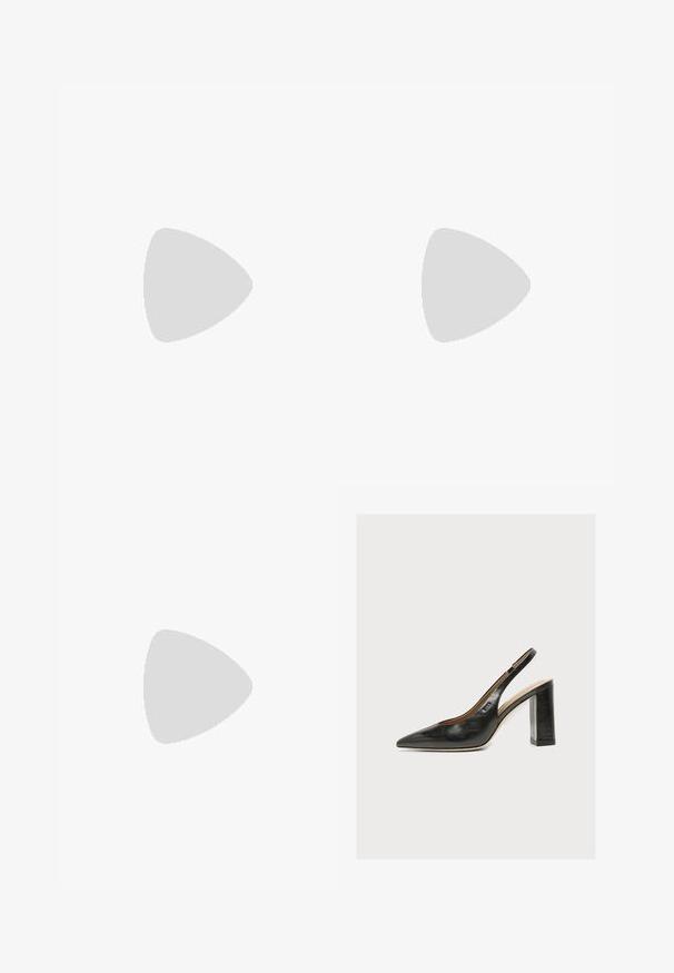 Bodysuit en satin noir avec de fines bretelles spaghetti, un corsage ajusté, une taille plissée et un pantalon à jambes larges. Texture lisse et design minimaliste.; Escarpin slingback en cuir noir pour femme avec bout pointu et talon bloc épais et haut sur fond blanc.; Sac à main Calvin Klein noir brillant avec fermeture éclair dorée et anse courte sur fond blanc uni.; Paire de boucles d'oreilles créoles en bouclettes dorées brillantes sur fond blanc uni, présentant un design torsadé entrelacé.