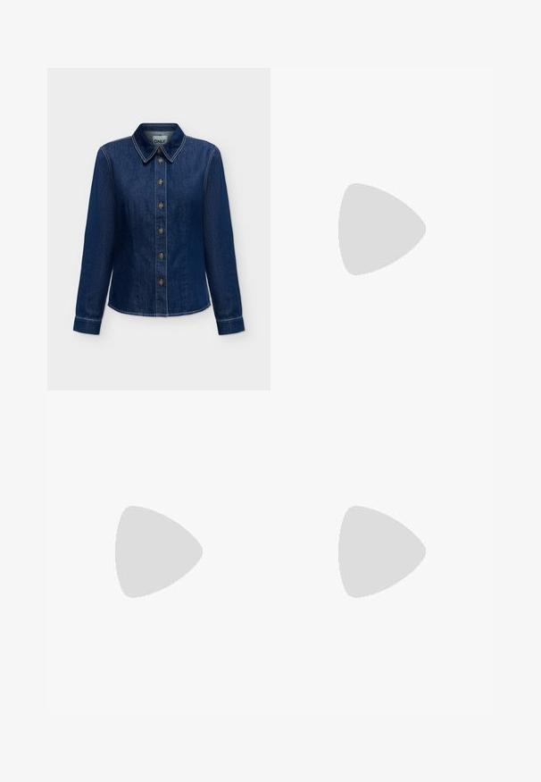 Chemise en denim bleu foncé à manches longues avec boutons sur le devant et col, coutures visibles et étiquette de marque à l'intérieur de l'encolure.; Jean large en denim de couleur bleu foncé avec un design classique à cinq poches, présenté avec des coutures dorées et une fermeture à bouton à la taille.; Ballerines en cuir verni noir avec un bout rond, un design à lacets et une semelle plate. Texture lisse avec peu de détails.; Petit sac à main noir brillant avec deux longues anses et des détails à cordon sur les côtés sur un fond clair uni.