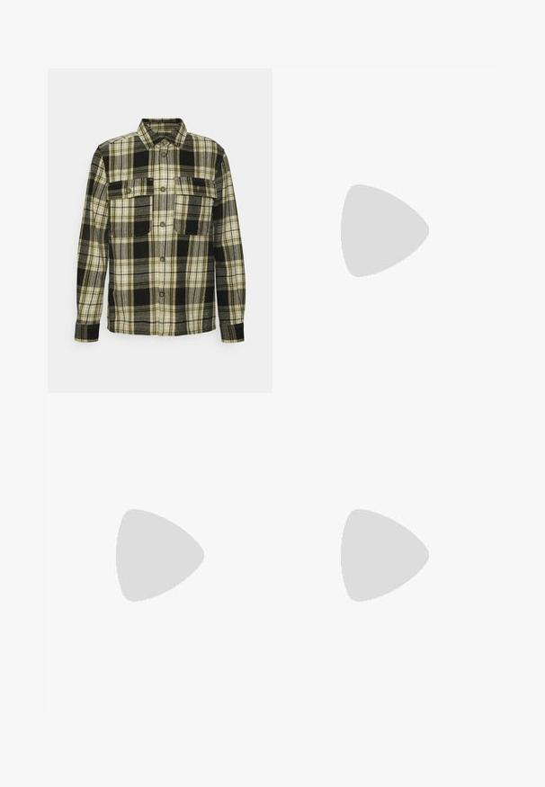 Only & Sons ONSSCOTT CHECK OVERSHIRT - Overhemd - black; Grijze denim jeans met een slim fit, met een klassieke vijf-pocketontwerp, voorste knoopsluiting en subtiele textuurdetails overal.; Witte lage sneaker met een bruine zool, groene en beige accenten, witte veters en het "Pepe Jeans London"-logo aan de zijkant.; Groene stoffen schoudertas met bruine leren accenten, een voorflap, een verstelbare schouderriem en een ritssluiting aan de bovenkant. Voorzien van gouden hardware.