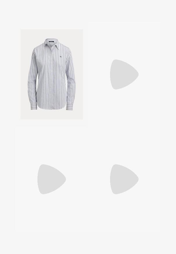Chemise blanche boutonnée avec rayures verticales bleu marine et bleu, manches longues, col à revers et petit logo "RL" sur la poitrine.; Jean en denim bleu avec une coupe large, cinq poches, braguette à boutons et piqûres contrastées. Tissu texturé avec un fini délavé.; Bottes en cuir noir montant jusqu'au genou avec un bout pointu et un petit talon. Texture lisse et design minimaliste sans matériel ou accents visibles.; Sac seau noir avec poignée supérieure et bandoulière réglable, fermeture par cordon et petit logo crocodile argenté au centre devant.