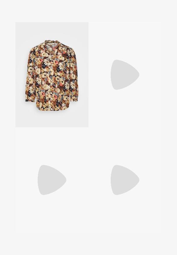 TOM TAILOR WITH FRILL EDGE - Μπλούζα - beige floral design; Καφέ καμπάνα τζιν από κορντούρα με λεία υφή, πέντε τσέπες και ένα μόνο μεταλλικό κουμπί στη ζώνη.; Καφέ σουέντ μποτάκι αστραγάλου με παχιά μαύρη σόλα πλατφόρμας και χοντρό ψηλό τακούνι σε ουδέτερο φόντο.; Στρογγυλά γυαλιά ηλίου με χρυσό πλαίσιο, φακούς καφέ απόχρωσης και λεπτά μπράτσα με διακοσμητική λεπτομέρεια σε καλλιγραφική γραφή «like» σε κάθε πλευρά.