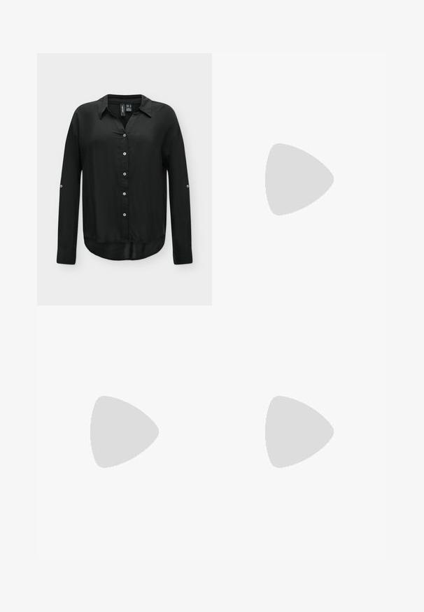 Camisa negra de manga larga con botones, cuello, botones delanteros y pestañas con botones en las mangas, mostrada sobre un fondo liso.; Jeans de denim azul claro con diseño de tiro alto y pierna ancha. Presentan un desgaste sutil, estilo clásico de cinco bolsillos y cierre de botones.; Botín de cuero negro con puntera redondeada, lados elásticos acanalados, un detalle en forma de anillo metálico y un tacón bajo cuadrado.; Cinturón de cuero negro con dos bolsillos redondeados, asegurados con botones a presión plateados. Textura suave, diseño ligeramente curvado.