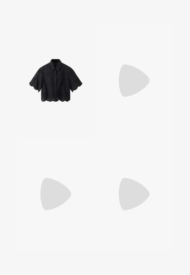 Blouse noire à manches courtes avec ouverture boutonnée à l'avant, bords festonnés et broderie florale ajourée subtile sur tissu léger.; Jupe maxi noire à volants avec une taille froncée, à la coupe fluide et à la texture lisse. Présente trois couches de tissu distinctes.; Chaussure à talon noir avec bride arrièrefaite d'un matériau doux, design à bout pointu, talon aiguille fin, avec un petit accent de boucle sur la sangle.; Sac à main en cuir noir avec poignée arrondie et clous en métal argenté le long des bords et du centre avant, debout sur un fond blanc.