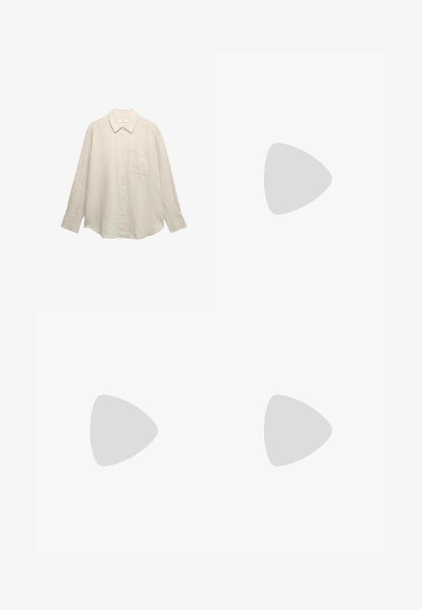 Camisa de lino color beige claro con mangas largas, cierre frontal de botones, cuello pointed, un bolsillo en el pecho y un corte holgado. Textura sutilmente visible.; GANT BLEND PULL ON PANTS - Pantalones - eggshell; Sandalias tejidas en color beige con diseño de tiras cruzadas, fabricadas con fibras naturales texturizadas, que cuentan con una suela plana y una correa ajustable en el tobillo.; Bolso hobo de paja trenzada con forma curva, correa de cuero marrón con hebilla y color natural tostado. Superficie texturizada con costuras visibles.