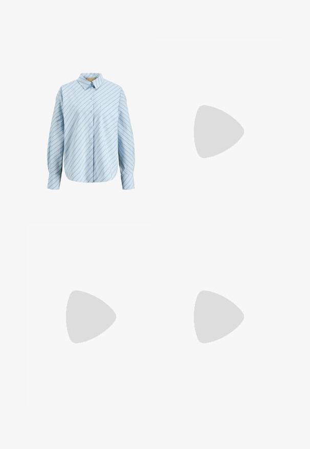 Helehall sinine nööpidega särk diagonaalsete tumedamate siniste triipudega, pikkade varrukatega, ühe rinnataskuga ja terava kraega.; Heledad sinine teksapükk, laia säärega, elastse vöökoha ja nööriga kinnitusega, kaht küljetaskut. Sile tekstuur ja juhuslik disain.; Valge Adidas Spezial toss mustade triipude ja kummist tallaga hõljumas hallide kiviste astmete kohal õues.; Mustad mustad mustade, elegantsest ristkülikukujulisest raamistikust ja sinistest objektiividest. Omab siledat tekstuuri ja tugevaid templeid. Kaubamärgi logo küljel.