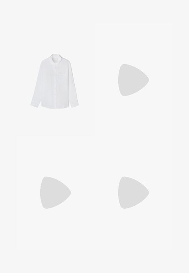 Chemise blanche à manches longues, boutonnée, avec col et une poche poitrine, posée à plat sur un fond blanc.; Shorts en coton bleu clair avec une coupe décontractée, une taille élastique et un cordon de serrage réglable. Fabriqués dans un tissu doux et texturé, avec des coutures latérales.; Sandale plate couleur fauve avec bride en tongs blanche à sequins et bords cousus, vue de côté sur fond blanc.; Sac cabas en paille tressée avec large base, poignées tressées et couleur beige naturel sur fond blanc uni.