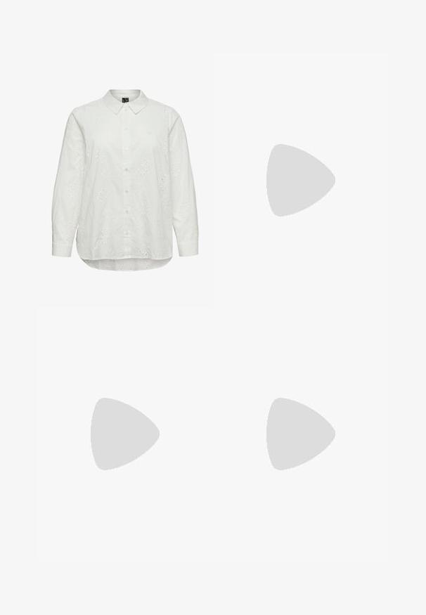 Blouse blanche à manches longues avec boutons, broderie florale en ajouré et col pointu.; Pantalon noir évasé en tissu lisse, doté d'une taille ajustée, de poches avant et d'une fermeture par un bouton unique.; Escarpins à bout pointu en similicuir marron avec une texture crocodile, dotés d’un talon fin et angulaire ainsi que d’une doublure intérieure lisse.; Sac à main bordeaux en matériau brillant, de forme rectangulaire, avec deux anses et des accents légèrement courbés à l'avant.