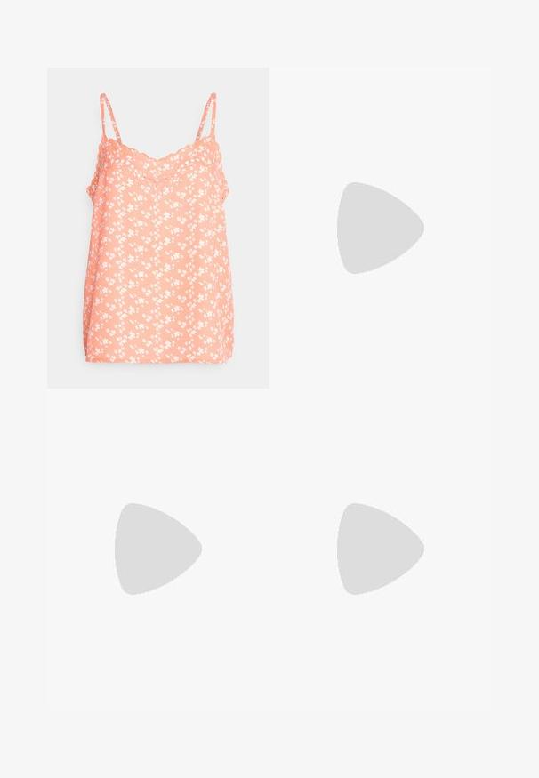 JDY JDYSERENA EMBROIDERY SINGLET - Top - living coral/cloud dancer; Svetlomodré džíny s priliehavým strihom, piatimi vreckami a kontrastným oranžovým šitím, s uzatváraním na gombík a zips.; Vysoké tenisky z svetloružového plátna, so bielymi šnúrkami a čiernymi pruhmi na bielej gumenej podrážke. Okrúhla špička.; Ružové priehľadné slnečné okuliare s oválnymi šošovkami, tmavočerveným tónovaním a štíhlymi ramenami, so hladkým povrchom a jemnými detailmi na ráme.