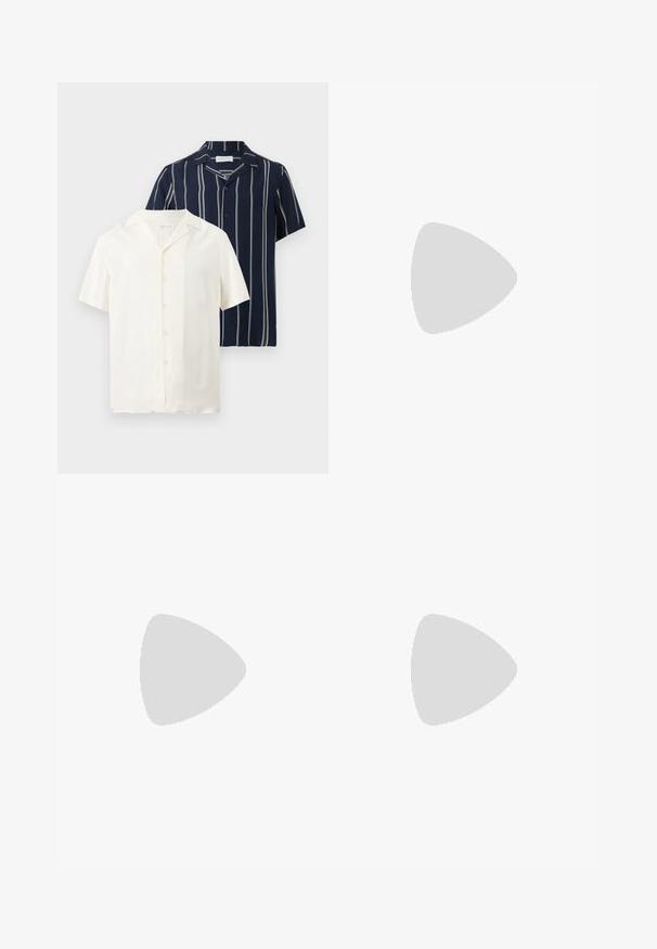 Dos camisas de manga corta abotonadas, una blanca lisa y otra azul marino con rayas verticales blancas, exhibidas sobre un fondo sencillo.; Pantalones cortos azul marino hechos de tejido ligero. Presentan un cierre de botón, parte delantera plana y dos bolsillos laterales. Diseño clásico de corte recto.; Zapatilla blanca de corte bajo con cierre de cordones y suela plana, mostrada de perfil sobre un fondo neutro.; Bolso pequeño beige tipo bandolera con bolsillo frontal con cremallera, logo metálico de ALDO, correa ancha ajustable y forma rectangular redondeada sobre fondo blanco.