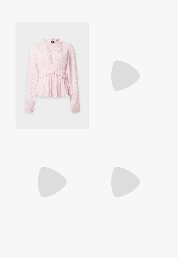 Lyserød langærmet bluse med flæset V-hals, knapper foran, indsnøret talje og plisserede, flydende stofdetaljer.; Gul, plisseret midiskirt med en blød, blank overflade og elastisk talje, designet til komfort og bevægelsesfrihed.; Skinnende, lyserød lak sko med slank hæl, perforerede detaljer og blokhæl, set fra siden på hvid baggrund.; Håndtaske med blomstermønster og buet form, primært cremefarvet med pink roser, med en pink rem og en sølvfarvet logo-detalje. Glat tekstur.