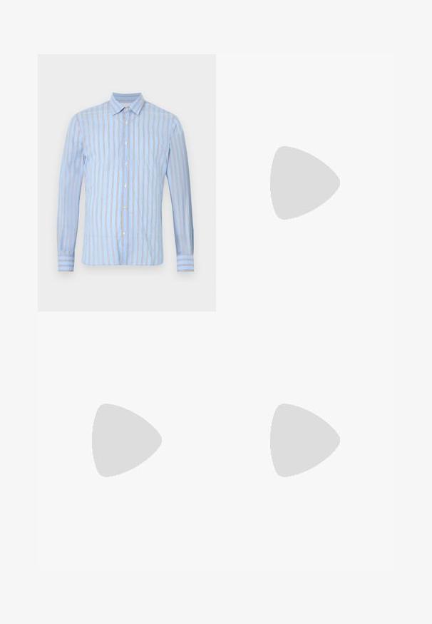 Chemise bleu clair à manches longues avec des rayures verticales marron et un col pointu sur fond blanc.; Jean droit en denim bleu clair avec fermeture avant par bouton et zip, passants de ceinture et style cinq poches.; Baskets en daim bleu avec des accents en cuir blanc, surface texturée, bout rond et semelle en gomme. Comprend un détail de logo sur le côté.; Sac bandoulière en cuir marron foncé texturé avec une sangle réglable et un petit accent décoratif bleu sur le côté.