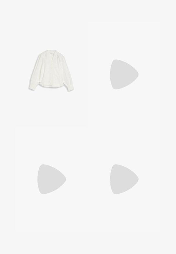 Blouse blanche à manches longues avec un motif jacquard floral subtil, un devant à boutons et des poignets froncés sur un fond uni.; Jean à jambes larges en denim foncé avec des surpiqûres orange contrastantes, deux poches avant et une fermeture à double bouton à la taille.; Chaussure à talon haut en cuir verni blanc avec un bout pointu et une surface lisse, dotée d'un talon fin et d'une découpe basse autour de l'ouverture.; Sac à épaule en cuir noir avec une bandoulière unique et un petit détail de boucle dorée à l'avant, sur un fond clair uni.
