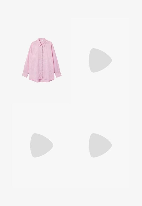 Lyserød skjorte med lange ærmer med hvide lodrette striber, knappet foran, klassisk krave og let afrundet kant på hvid baggrund.; Lyserøde bomulds shorts med elastisk talje, som har en afslappet pasform og en glat tekstur, velegnede til afslappet brug.; Beige sandal med lav hæl, tynde stropper, åben tå og ankelrem med spænde på hvid baggrund.; Lyserøde transparente solbriller med ovale linser, mørkerød toning og slanke stænger, der har en glat overflade og diskret detaljering på rammen.