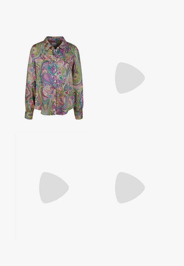 Chemise à boutons avec un motif paisley aux couleurs vives, principalement rose, vert et violet ; fabriquée en tissu lisse avec un col structuré.; Pantalon évasé couleur sarcelle en velours doux, doté d'une taille haute et d'une texture lisse, se rétrécissant vers l'ourlet avec de légères ouvertures.; Chaussure à plateforme en velours vert avec des clous décoratifs rouges et argentés, des brides en perles, une bordure dorée, une broderie et un talon bloc avec des perles pendantes et un charme "B".; Sac à main vert foncé de forme ronde, avec poignée supérieure, orné de broderies de tournesols, feuilles, libellule, papillon et oiseau.