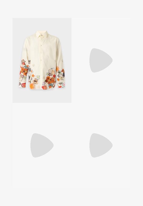 Crèmekleurig overhemd met lange mouwen en knopen met een kleurrijk bloemenpatroon langs de onderzoom en mouwen.; Zwarte op maat gemaakte broeken met een platte voorkant, slim fit, riemlussen en een soepele textuur. Geschikt voor formele of zakelijke kleding.; Witte leren sneaker met geperforeerd ontwerp, gumrubberen zool, groene hielaccent en kleurrijke streepdetails aan de zijkant.; Zwarte zonnebril met ronde montuur, bruin getinte glazen en subtiele gouden accenten op een witte achtergrond.