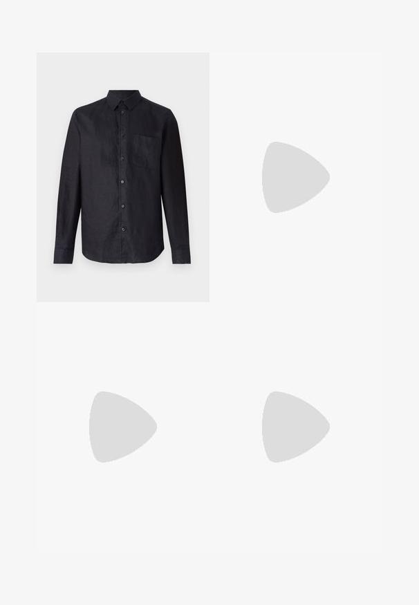 Camisa negra de manga larga en tejido texturizado, con cierre de botones en la parte delantera, un cuello clásico y un bolsillo en el pecho izquierdo.; Pantalones beige con cintura elástica y cordón. Presentan un diseño de pierna recta, hechos de una tela suave.; Mocasín de hombre de piel negra con costura moc toe, tira penny, cuello texturizado y tacón bajo apilado sobre fondo blanco.; Bolso mensajero de cuero negro con acabado texturizado, correa ajustable y solapa frontal con un logo sutil. Forma compacta y rectangular.