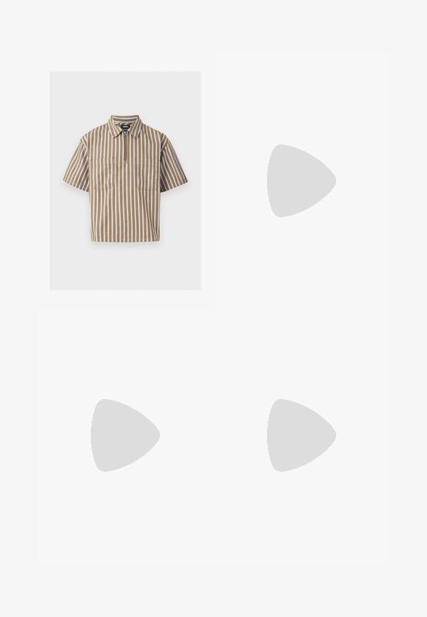 Chemise marron à manches courtes avec des rayures verticales blanches, un col, deux poches avant et une fermeture éclair partielle à l'avant.; Shorts beige ajustés avec plis, dotés d'une fermeture à bouton et d'un design classique. Texture lisse, coupe longueur genou, sans poches visibles.; Mocassin penny pour homme en cuir noir avec talon bas empilé et bout arrondi, vu de profil sur fond gris clair.; Lunettes de soleil rectangulaires marron avec des verres vert foncé. Présentent des branches noires à motifs et des accents métalliques sur les côtés. Monture en plastique légère.