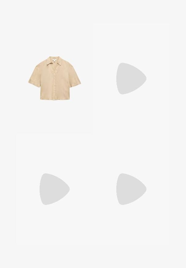 Camisa beige de manga corta con botones y cuello, hecha de tela ligera, mostrada sobre un fondo blanco.; Pantalones cortos de lino blanco con cintura elástica y corte relajado. Presentan una textura suave y dobladillos con puños para un detalle adicional.; Sandalia plana de cuero marrón con diseño de tiras cruzadas. Suela plana con acabado liso y estilo minimalista. Sin herrajes visibles ni adornos.; Bolso tote grande de paja tejida con asas de cuero marrón claro, borde superior con flecos y colgante redondo con el logo MK en la parte frontal.