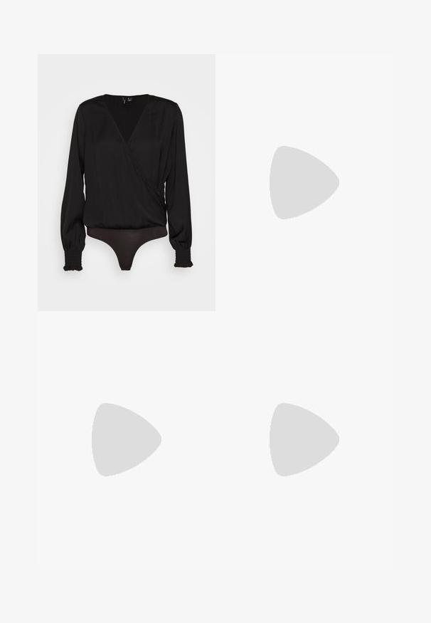 Vero Moda VMELLIE WRAP BODY  - Pluus - black; Laia musta värvi lõdvad püksid on valmistatud siledast kangast, neil on kõrge vöökoht, teravad eesriided ja puuduvad nähtavad detailid või mustrid.; Mustad platvormiga kõrge kontsaga sandaalid, avatud varbaga, laia esiosa rihmaga ja reguleeritava pahkluu rihmaga. Sile nahkviimistlus ja jäme plokk-konts.; Pieces PCALUANA SHOULDER BAG - Käekott - black